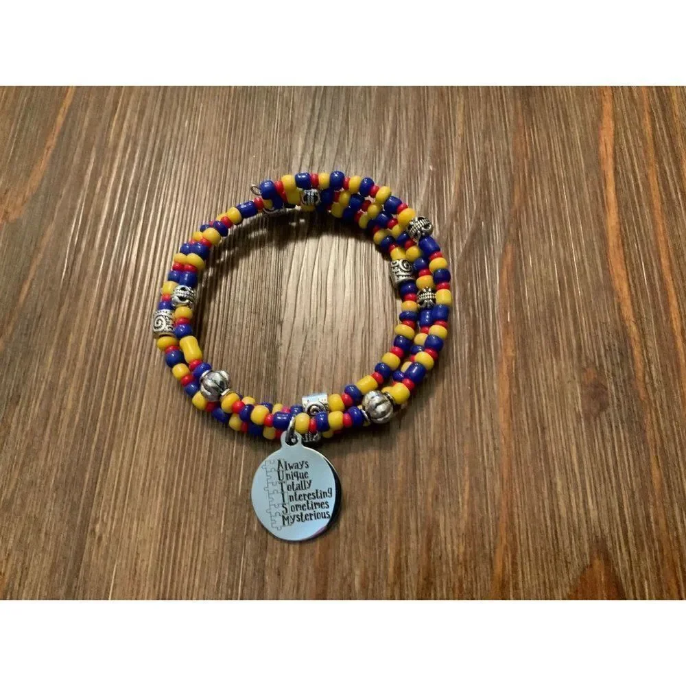 Handmade Autism awareness beaded bracelet, memory wire bracelet,‎ wrap bracelet,